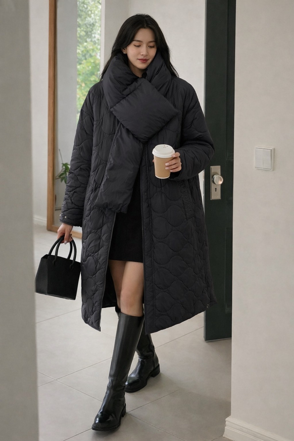 UNDER KEY  輕盈空氣感波浪絎縫無領鋪棉長版大衣