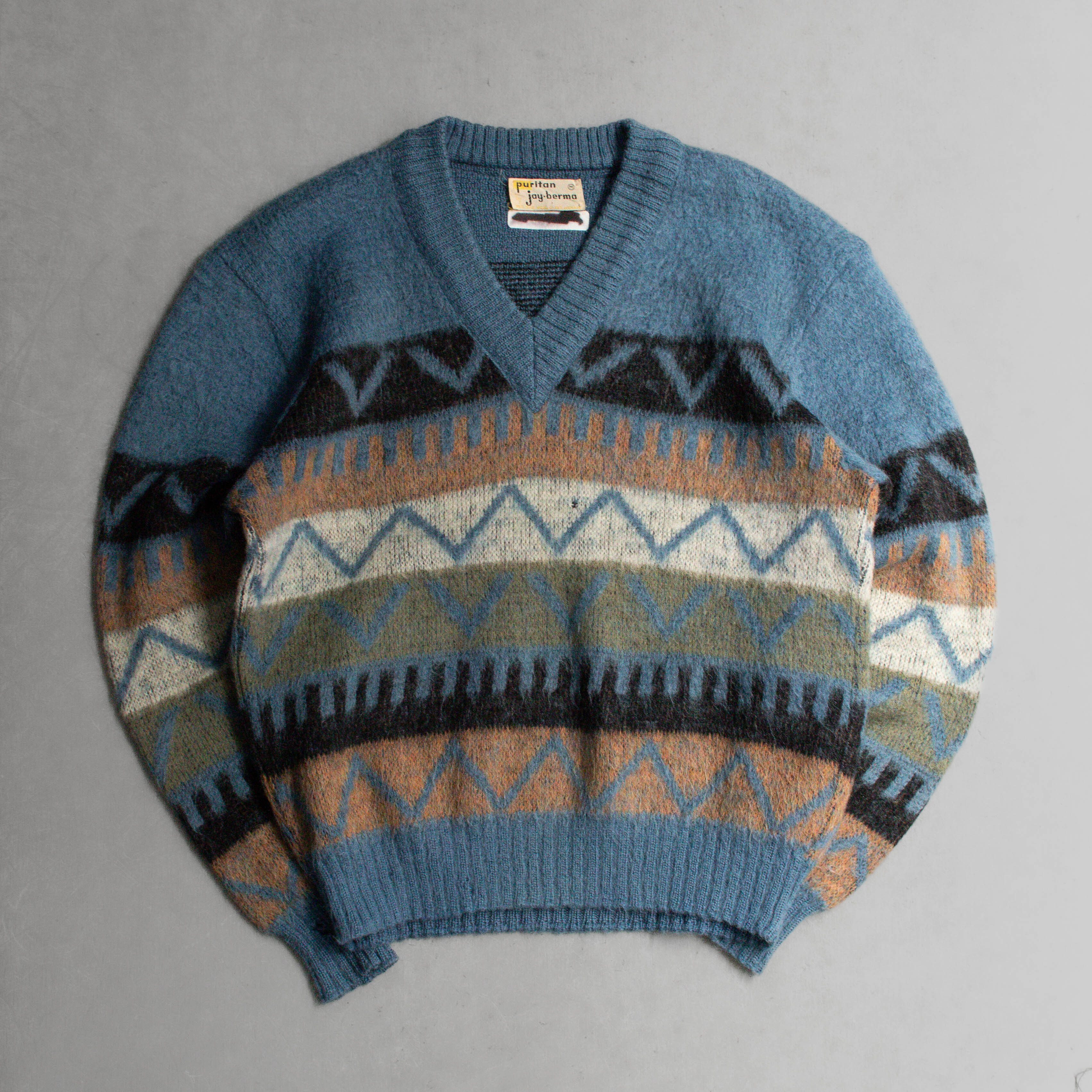 PURITAN MOHAIR SWEATER 美國 藍色 鋸齒紋 馬海毛 針織 V領 套頭 毛衣