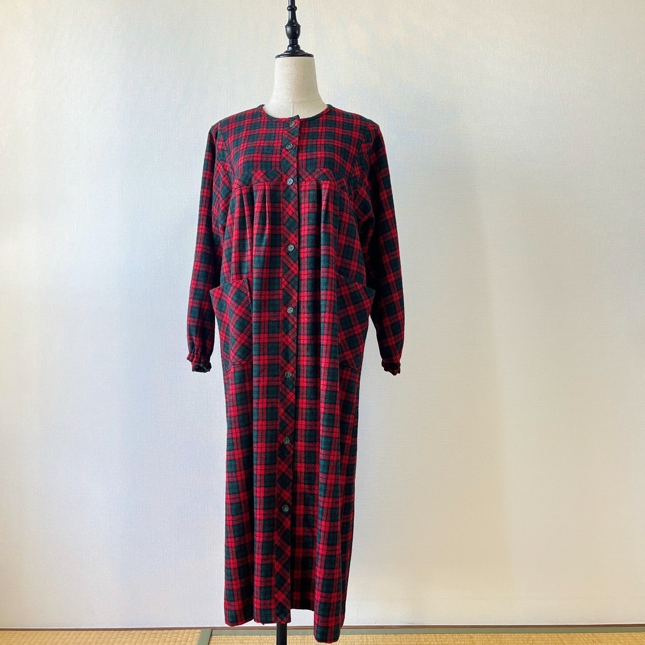 慵懶感紅綠色大格子羊毛古著連身裙