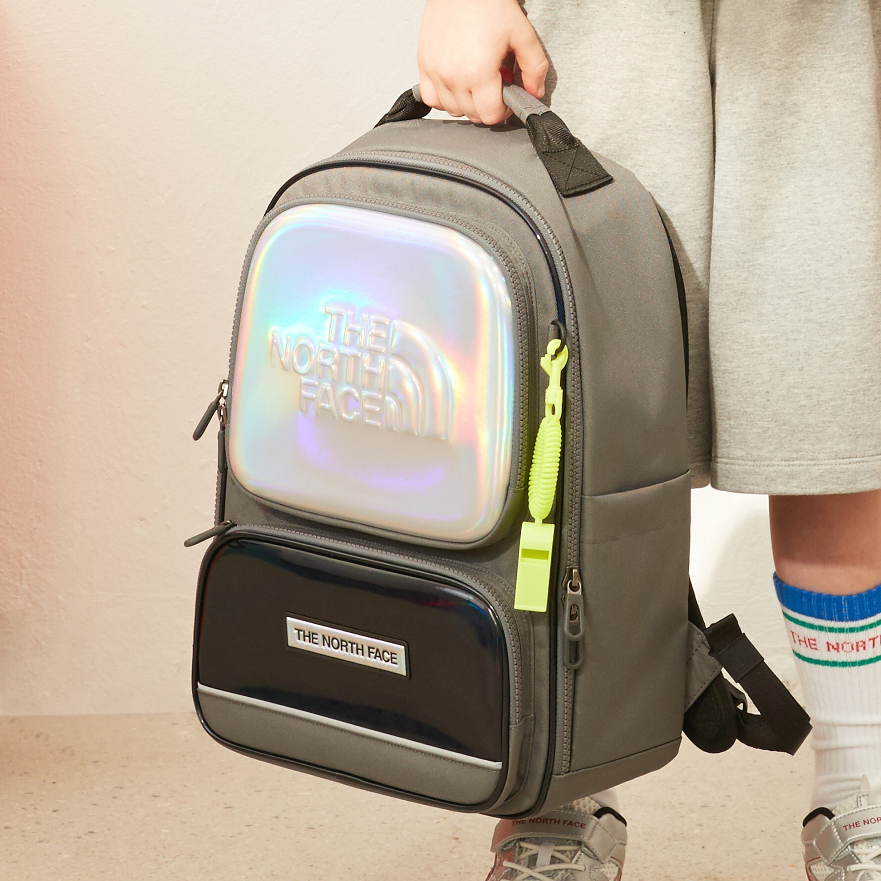 【OWN】The North Face 兒童 後背包 提袋 套組 多功能 多夾層 口哨 哨子 小孩 灰色 淺粉 薄荷綠