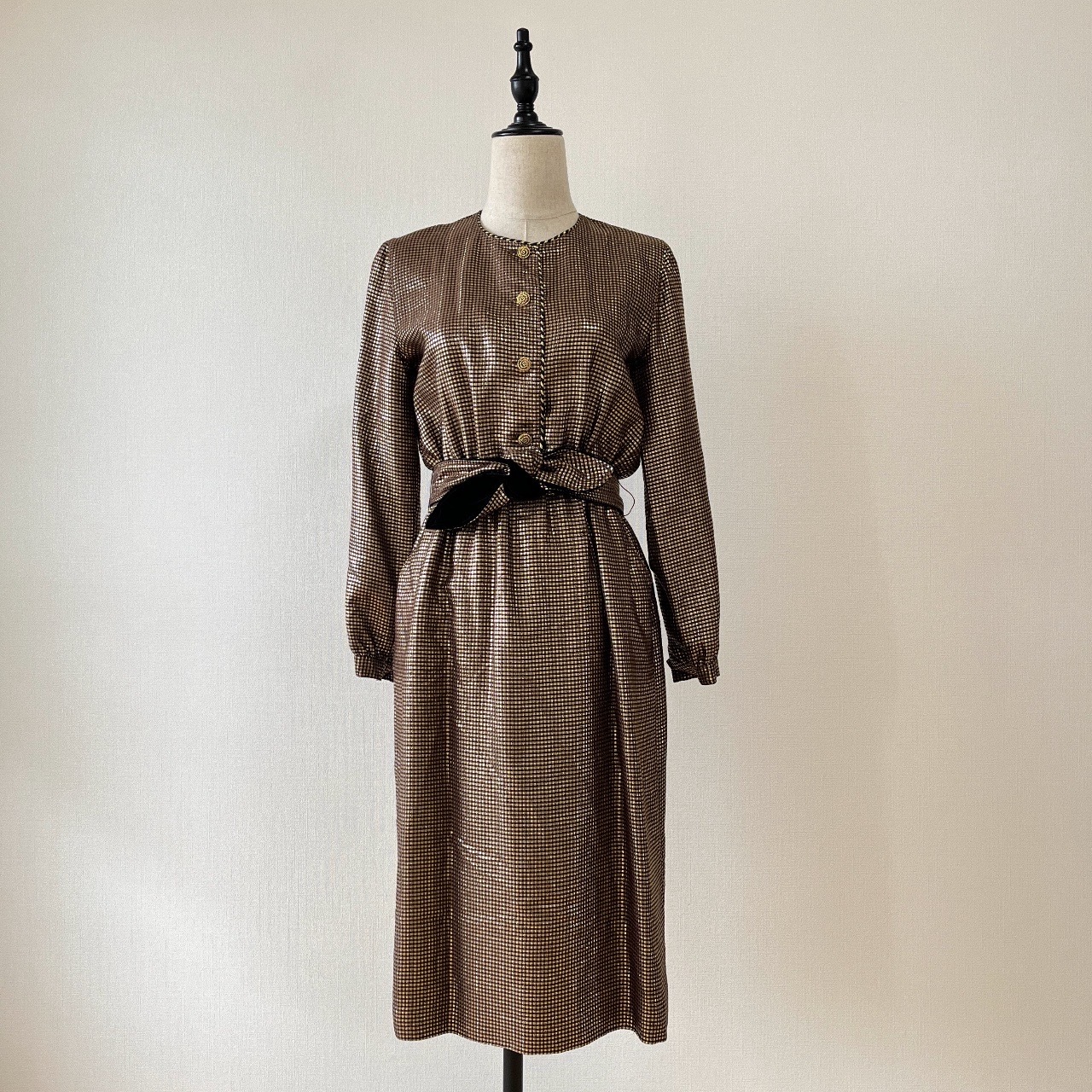 大亨小傳金混棕色格子古著連身裙