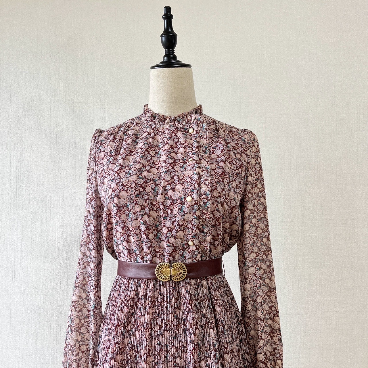 Ruffle小企領紅色碎花古著連身裙