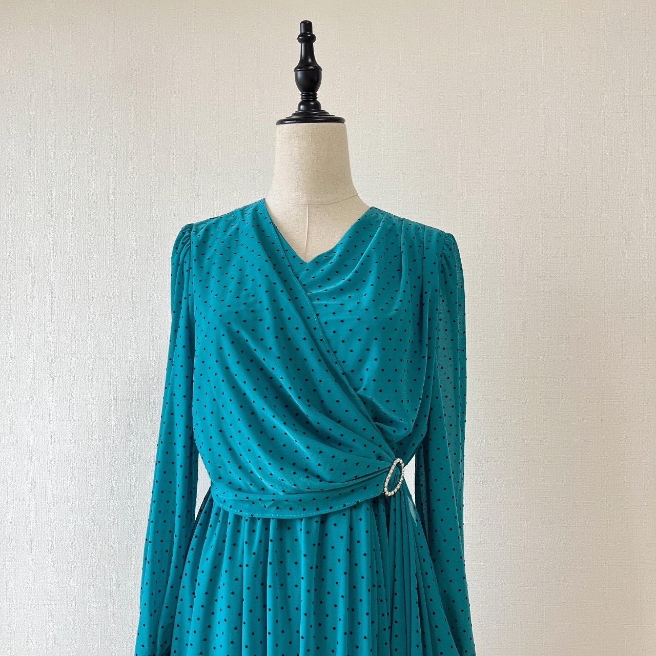 湖水綠小波點氣質古著連身裙