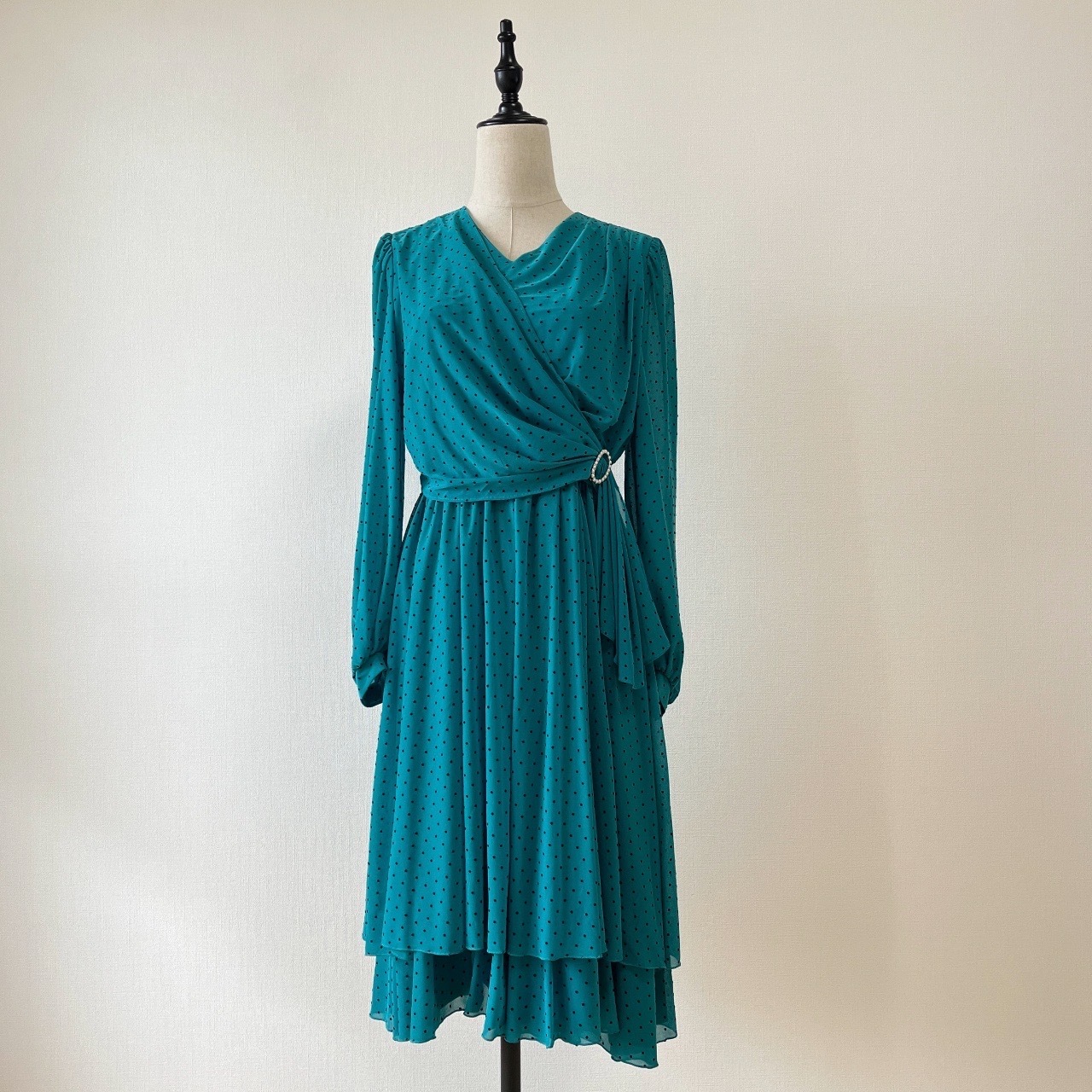 湖水綠小波點氣質古著連身裙