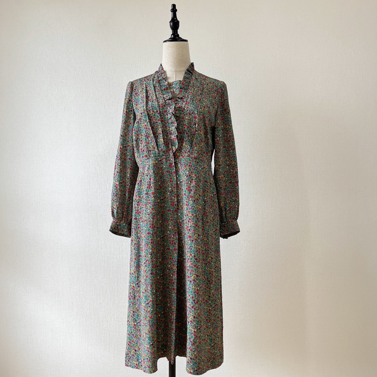 Ruffle領彩色碎花古著連身裙