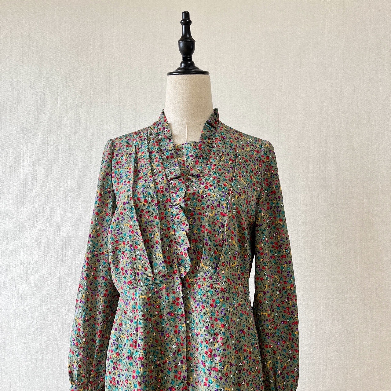 Ruffle領彩色碎花古著連身裙