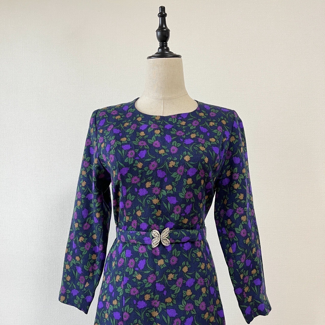 晚霞花葉紫色古著連身裙