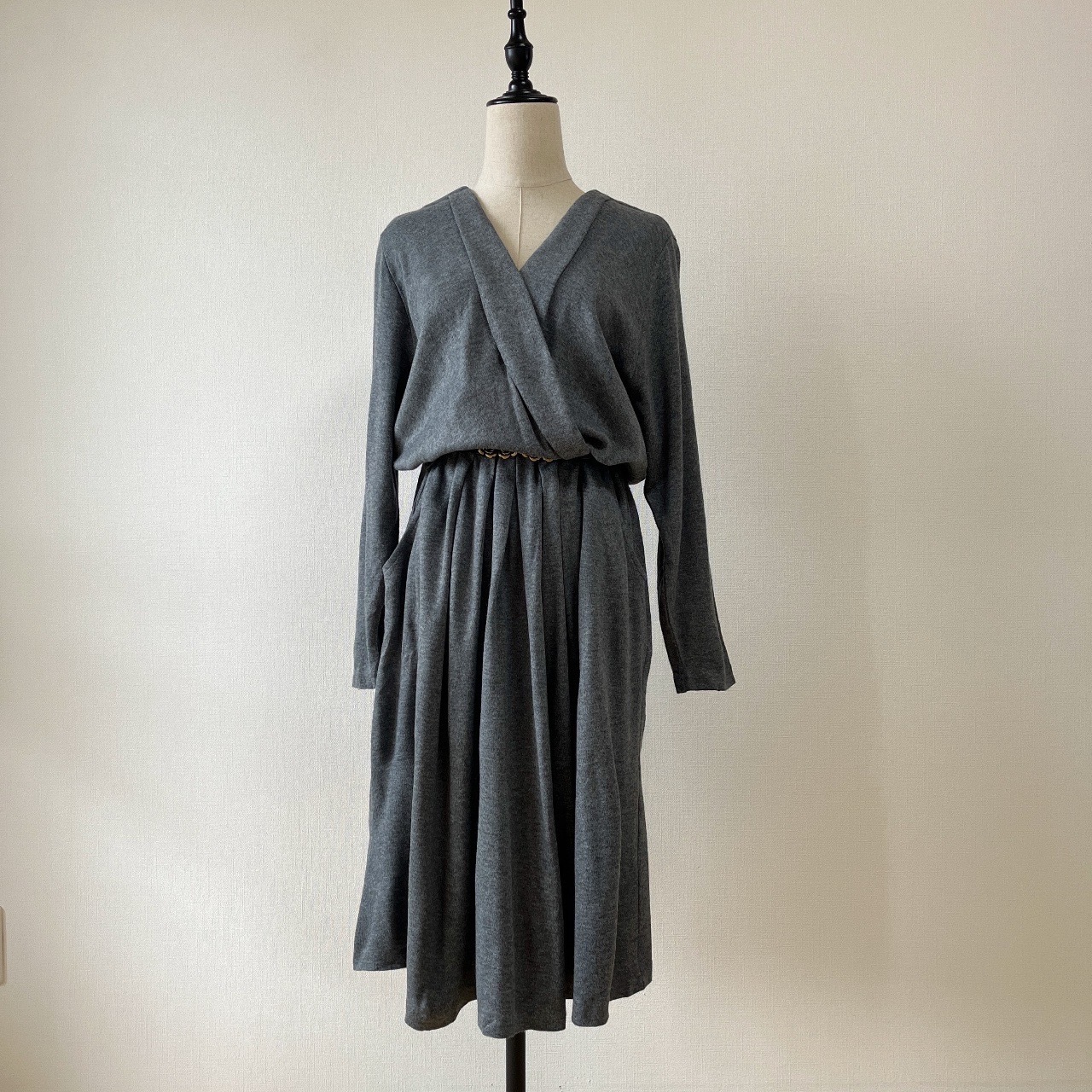 美國製簡約交叉領灰色古著連身裙