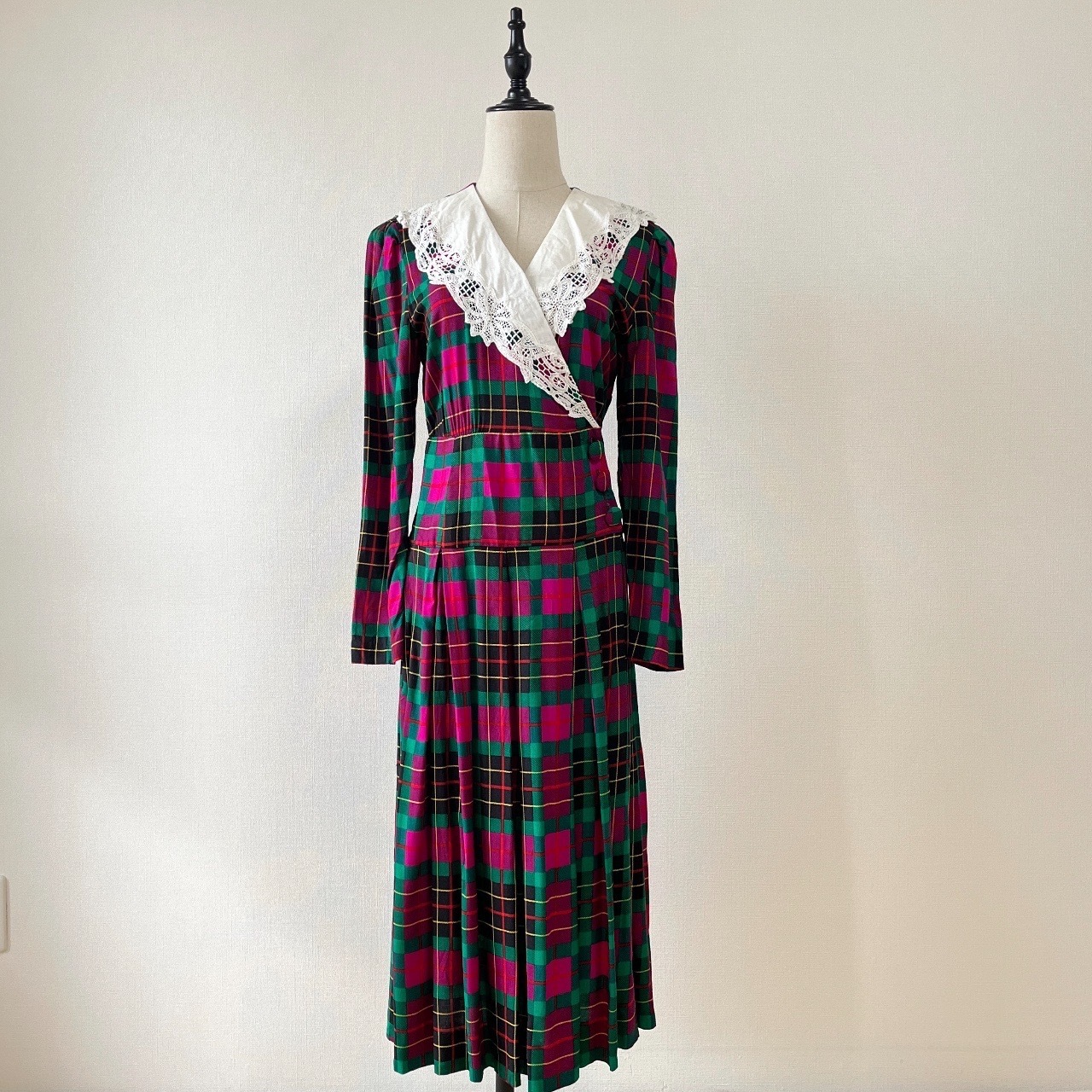 高彩度粉拼綠大格子花領古著連身裙