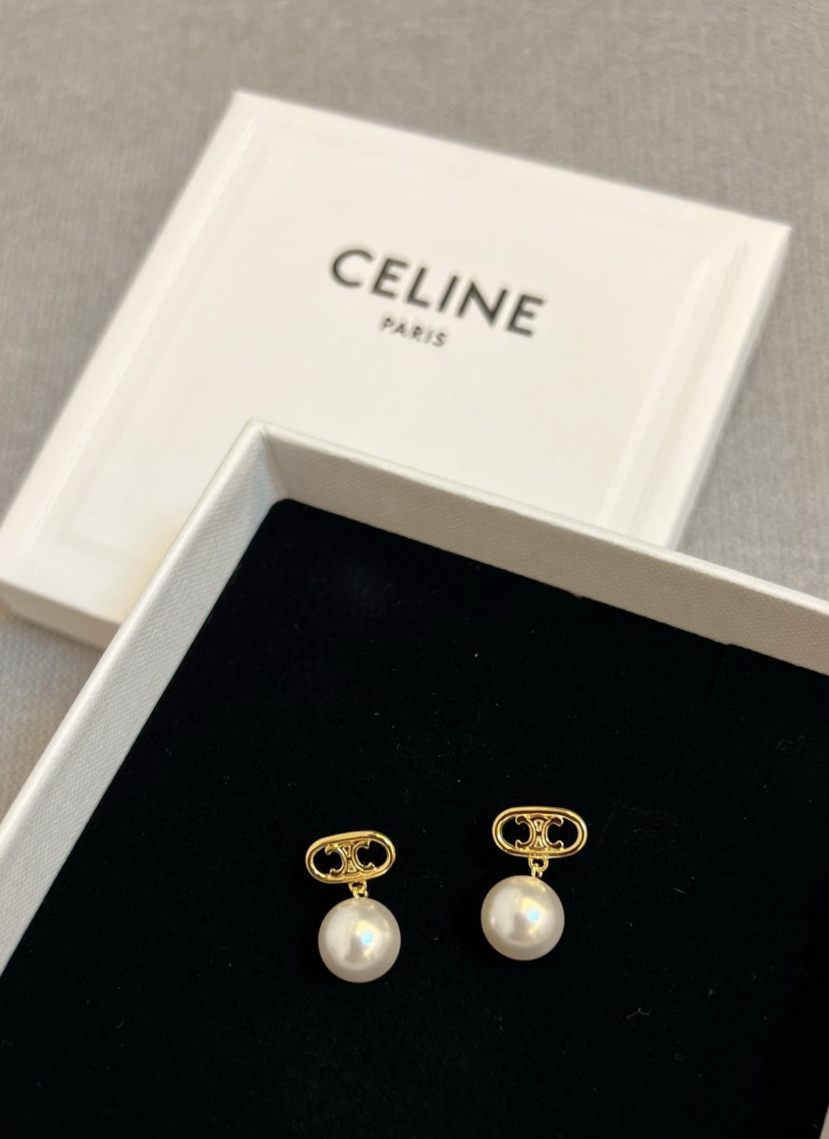 CELINE Logo Pearl Earrings