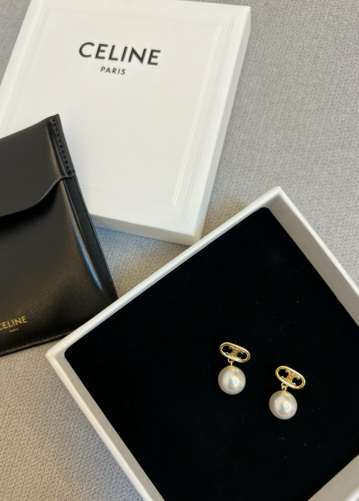 CELINE Logo Pearl Earrings