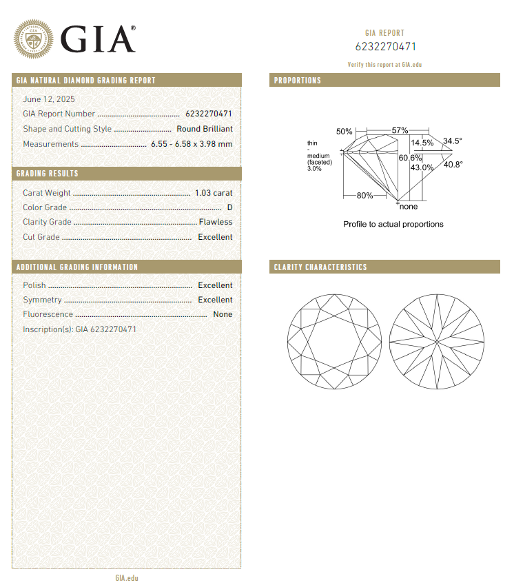 GIA鑽石 1.03 D FL 3EX NON