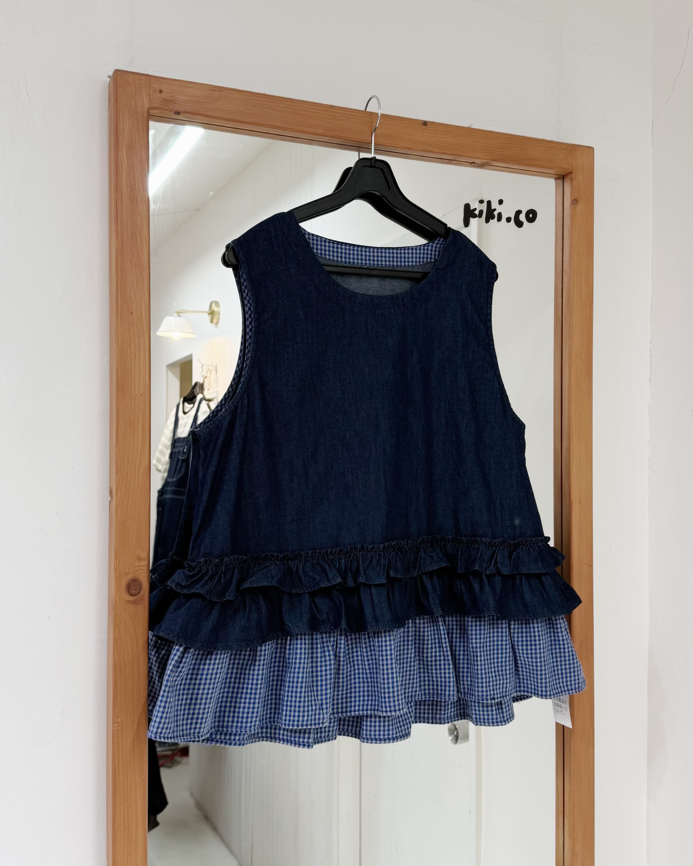 牛仔拼格紋ruffle邊背心