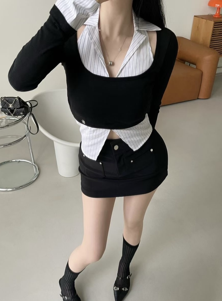 🇰🇷愛款必收｜襯衫造型一字領假兩件上衣