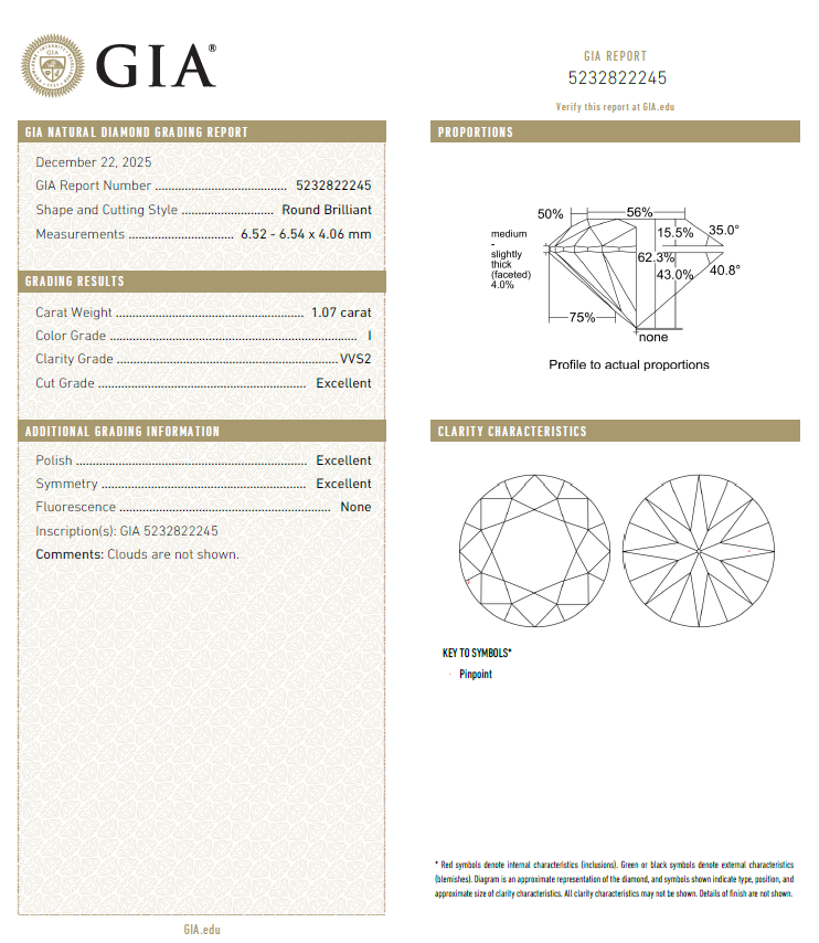 GIA鑽石 1.07 I VVS2 3EX NON