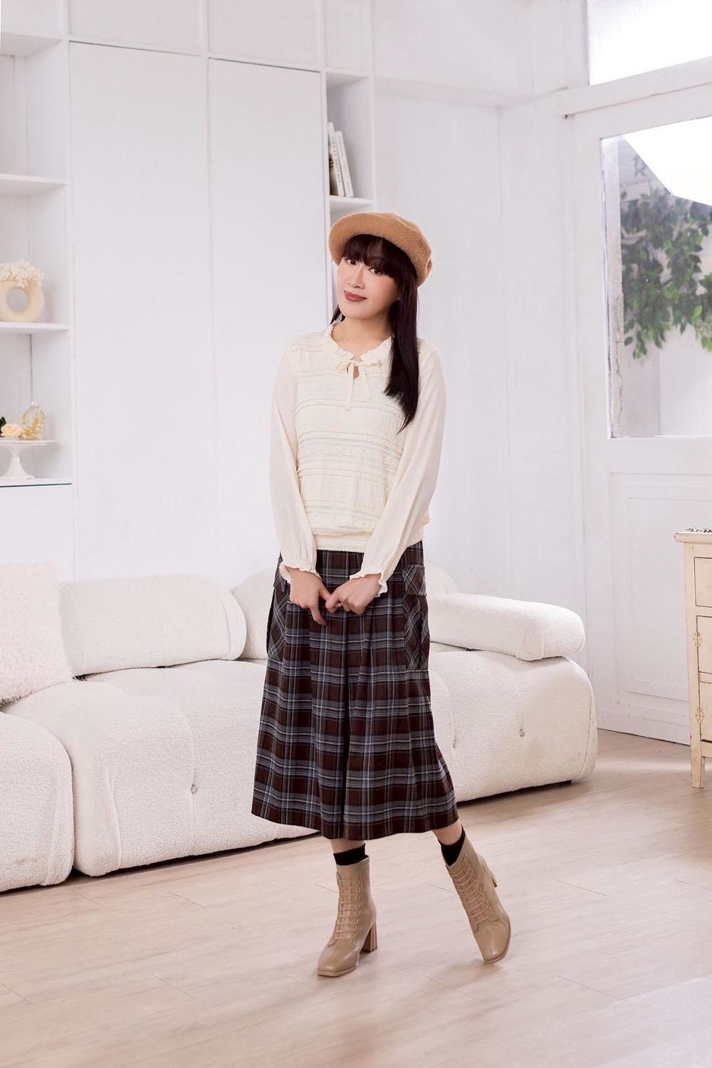 韓版OL英倫風復古格紋大口袋造型修身褲裙X6512