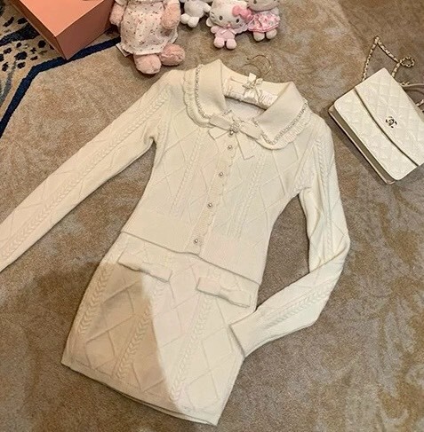 設計師家釘珠麻花紋圓領針織上衣+麻花紋路褲裙