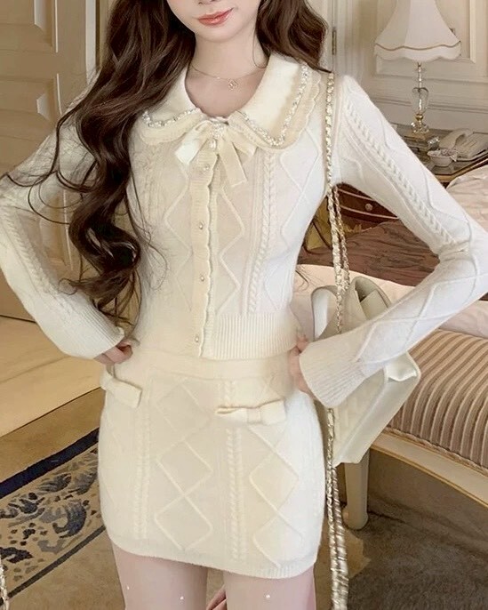 設計師家釘珠麻花紋圓領針織上衣+麻花紋路褲裙