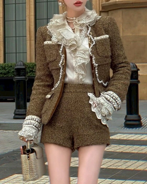 設計師家重工珍珠蕾絲粗花毛呢宮廷風外套+短褲