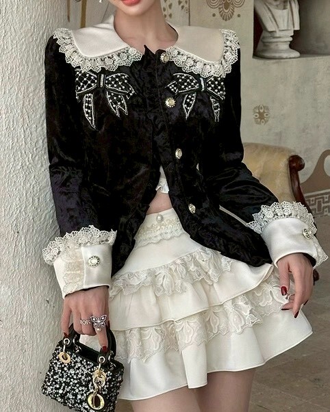 設計師家拼接緞面蕾絲娃娃領絨面外套