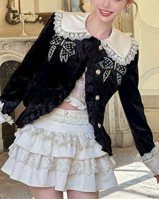 設計師家拼接緞面蕾絲娃娃領絨面外套