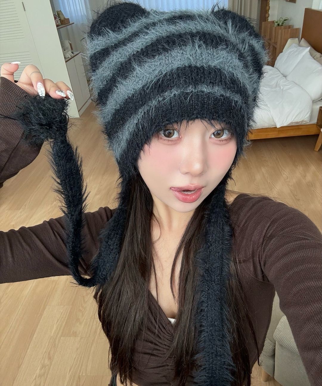 LMC 毛毛綁帶貓耳帽 貓耳帽 毛帽 針織帽 泰迪熊帽