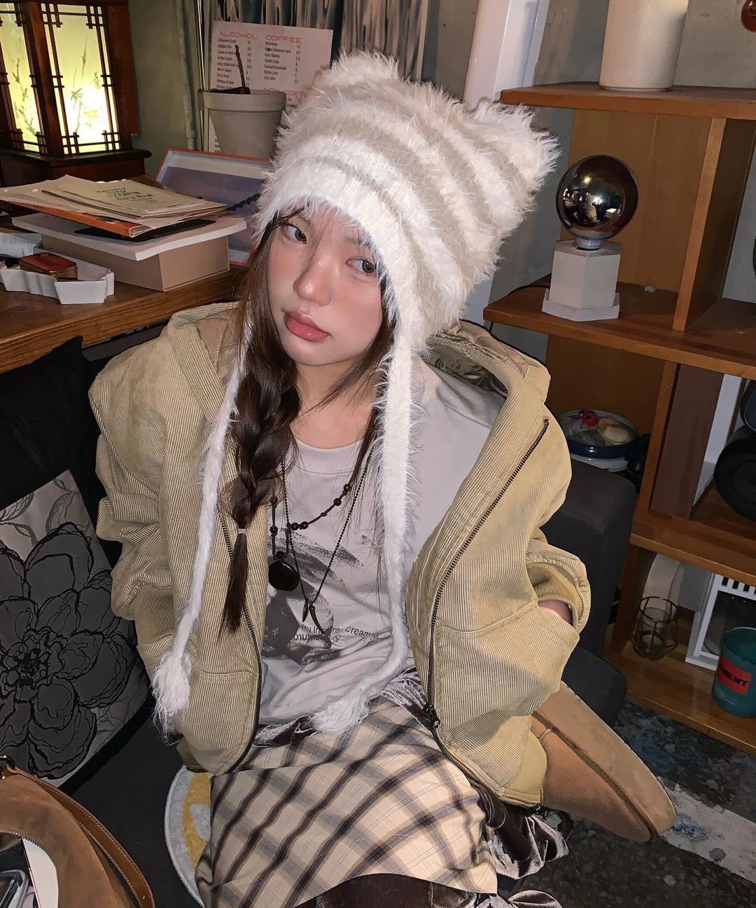 LMC 毛毛綁帶貓耳帽 貓耳帽 毛帽 針織帽 泰迪熊帽