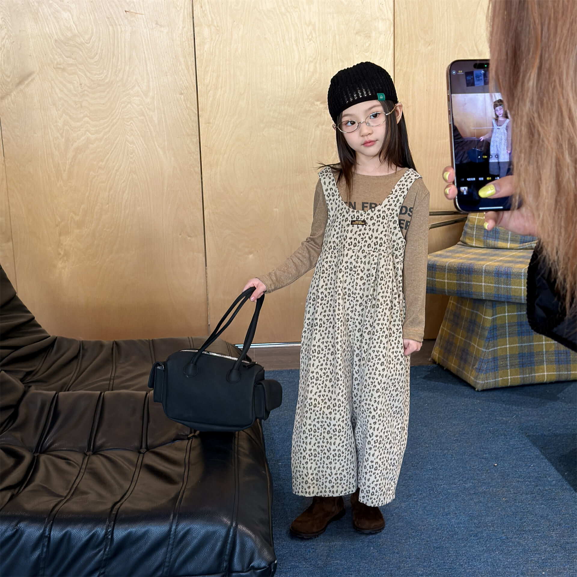 燈芯絨純色/豹紋吊帶褲(80-130)