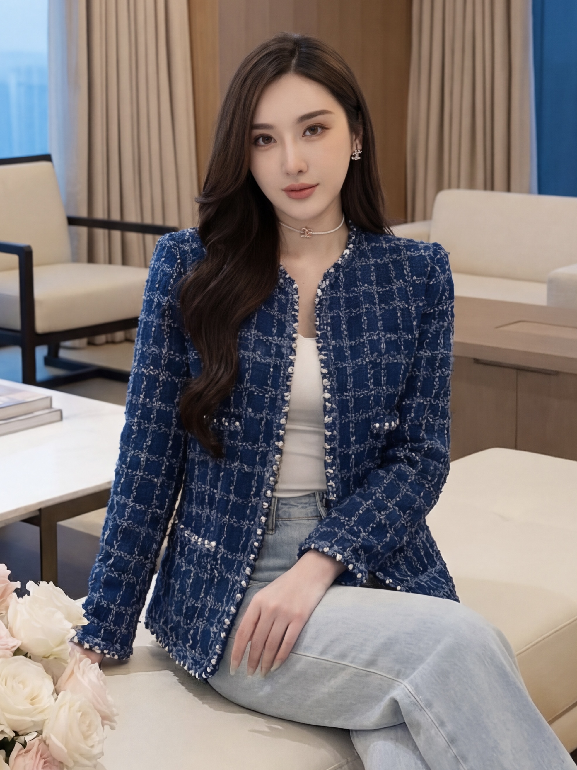 法式編織粗花呢小香風外套（寶藍色S/M）