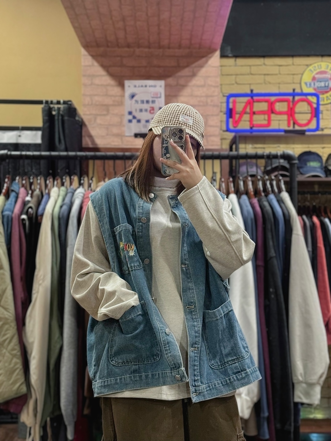 復古花朵刺繡丹寧背心