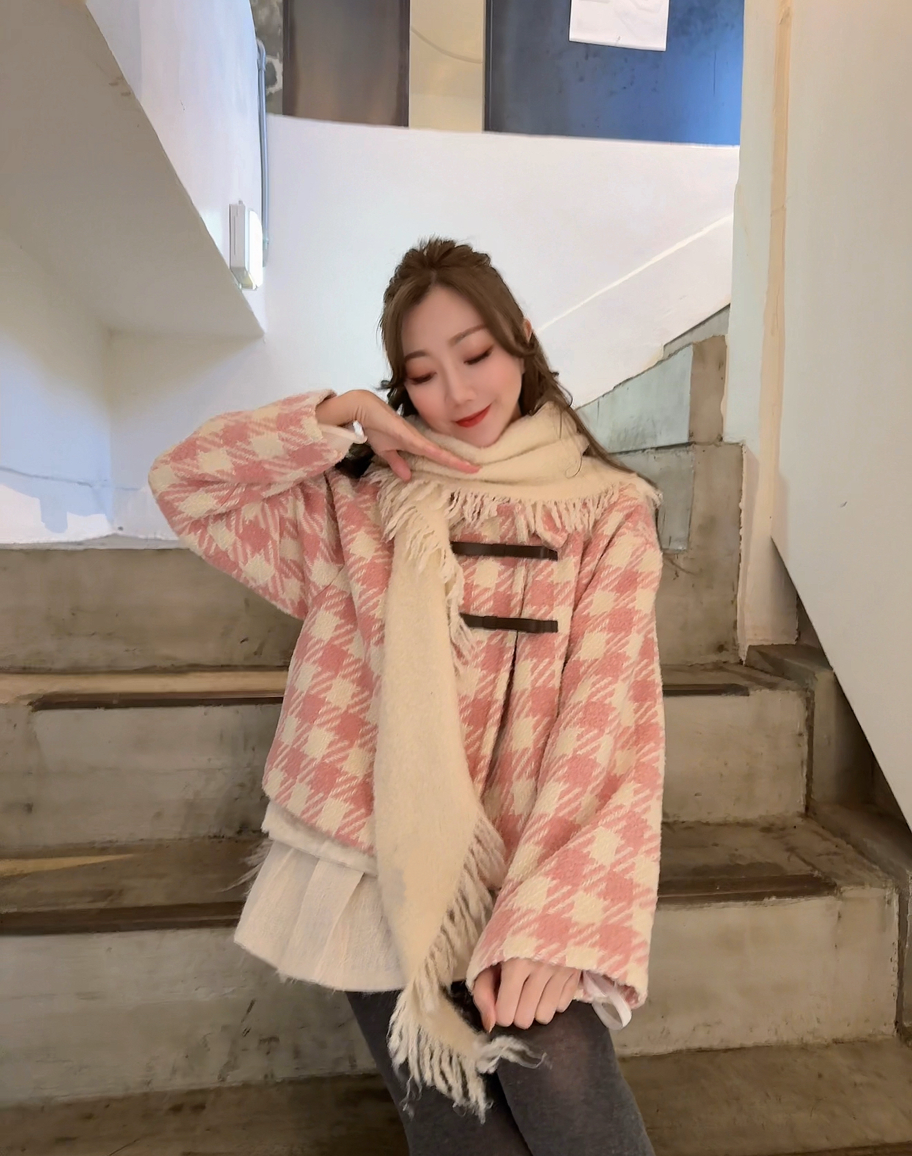 *BJ2 MADE SERIES* ＊輕軟身～＊THE ALPACA WOOL🐏 PINK WHITE HOUNDSTOOTH COAT 260128
