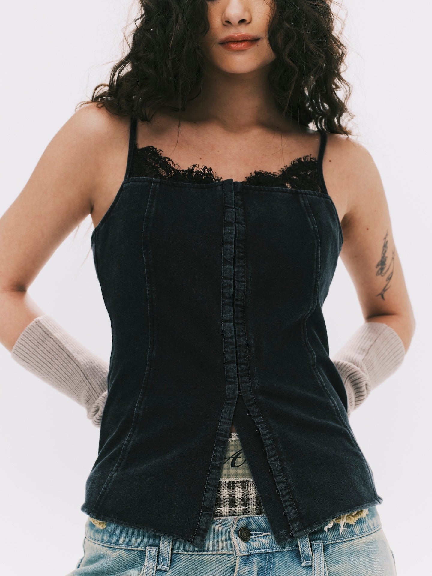 ANOWHEREMAN｜Washed Lace Top Black (Women)