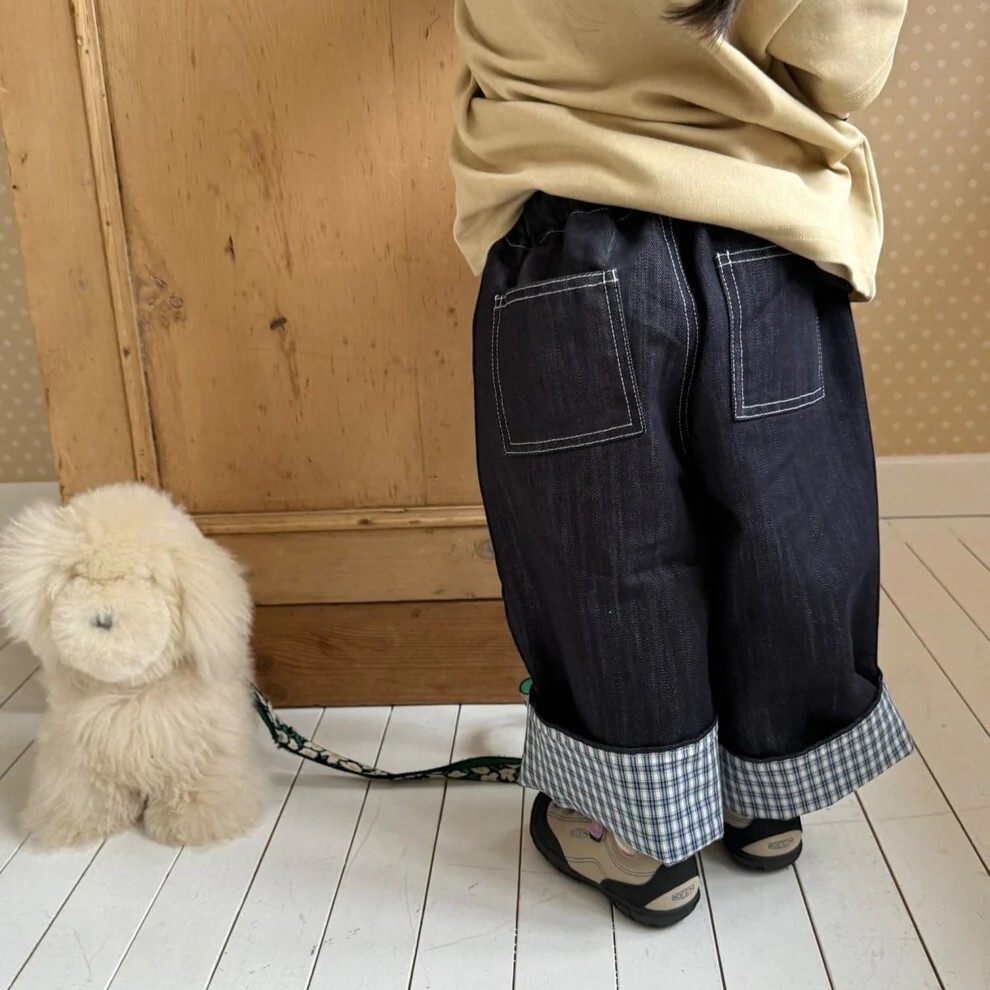 90-140 MNM 反摺格紋牛仔寬褲