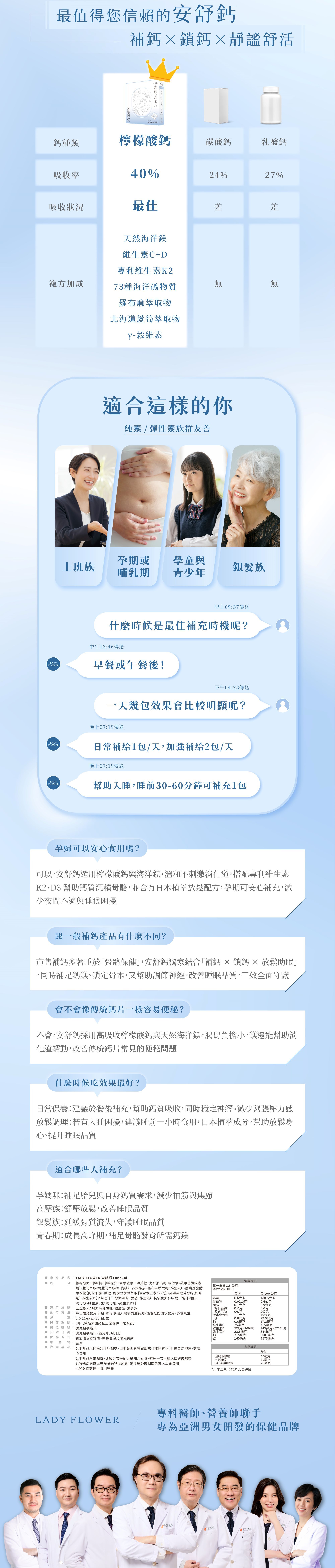 檸檬酸鈣與海洋鎂，搭配K2+D3協助鈣吸收不流失。添加日本專利羅布麻、北海道蘆筍、γ-穀維素等舒壓植萃，有助調節生理機能、入睡放鬆。純素配方，無人工香料與色素，通過國際無添加驗證，日常1包輕鬆補鈣、補鎂、補回好情緒與安穩睡眠力。