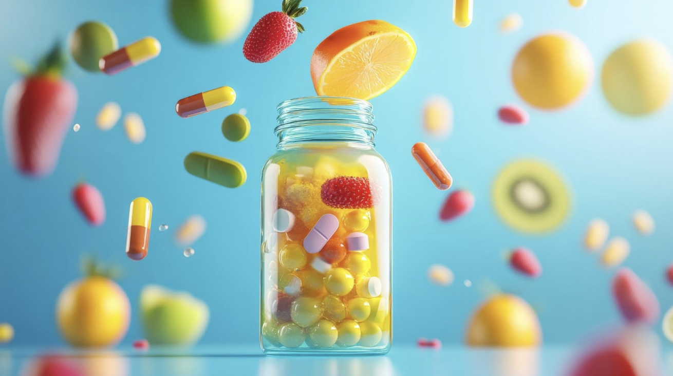 各種彩色營養膠囊與新鮮水果如草莓、柳橙、奇異果環繞藥瓶，象徵保健食品富含天然維生素與多種營養成分