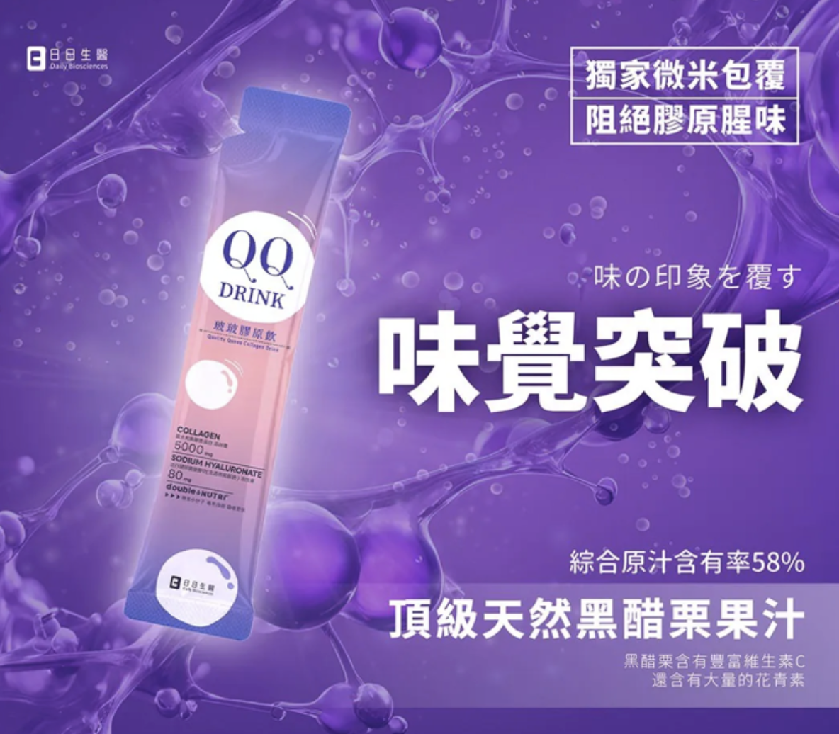 日日生醫 QQ DRINK 玻尿酸膠原飲宣傳海報，展示粉色長條包裝與紫色液體背景，強調獨家微米包覆技術、5000mg 膠原蛋白及頂級天然黑醋栗果汁成分