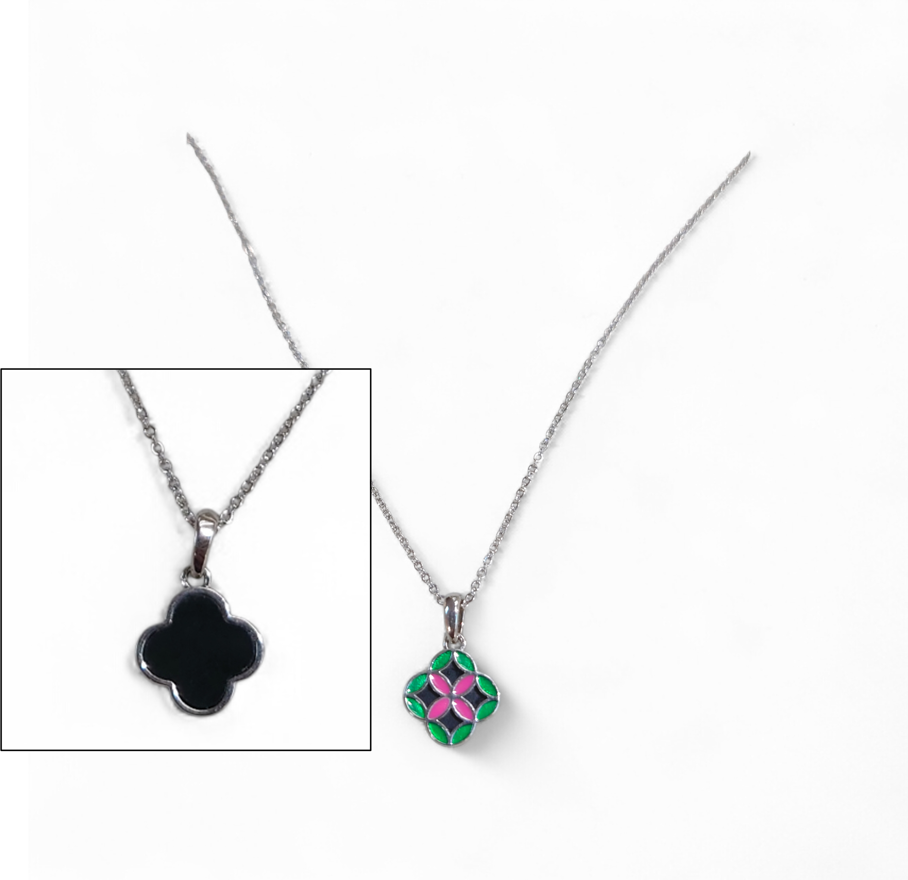 0211PT36-開運手飾PT-緬甸天然翡翠-四葉草墨翠金錢吊墜 (兩面款) 附銀鏈 尺寸約: 12(闊)x12(長)x4.5(厚) mm (A36)