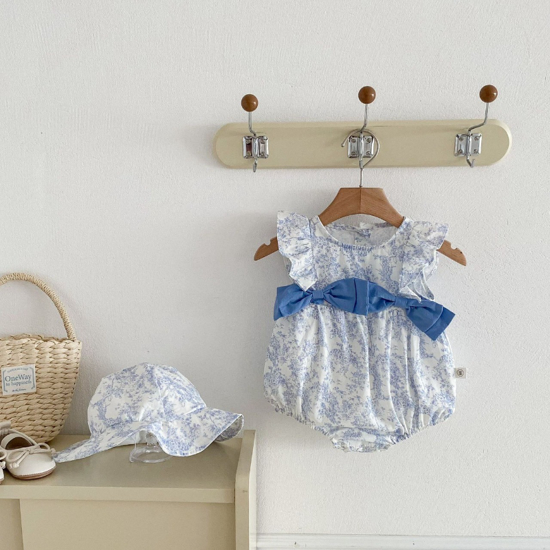 藍色大蝴蝶結碎花包屁衣附帽(66-80)