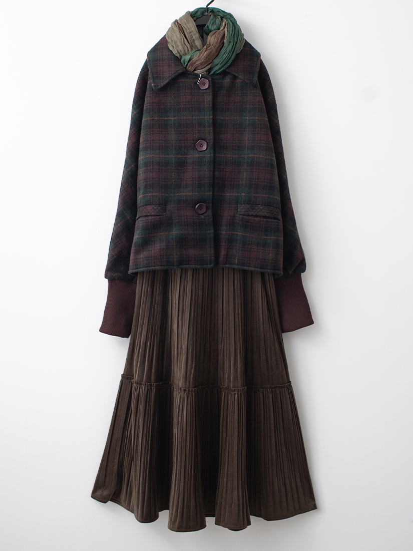 格紋翻領排釦外套紋理印花壓褶絨裙