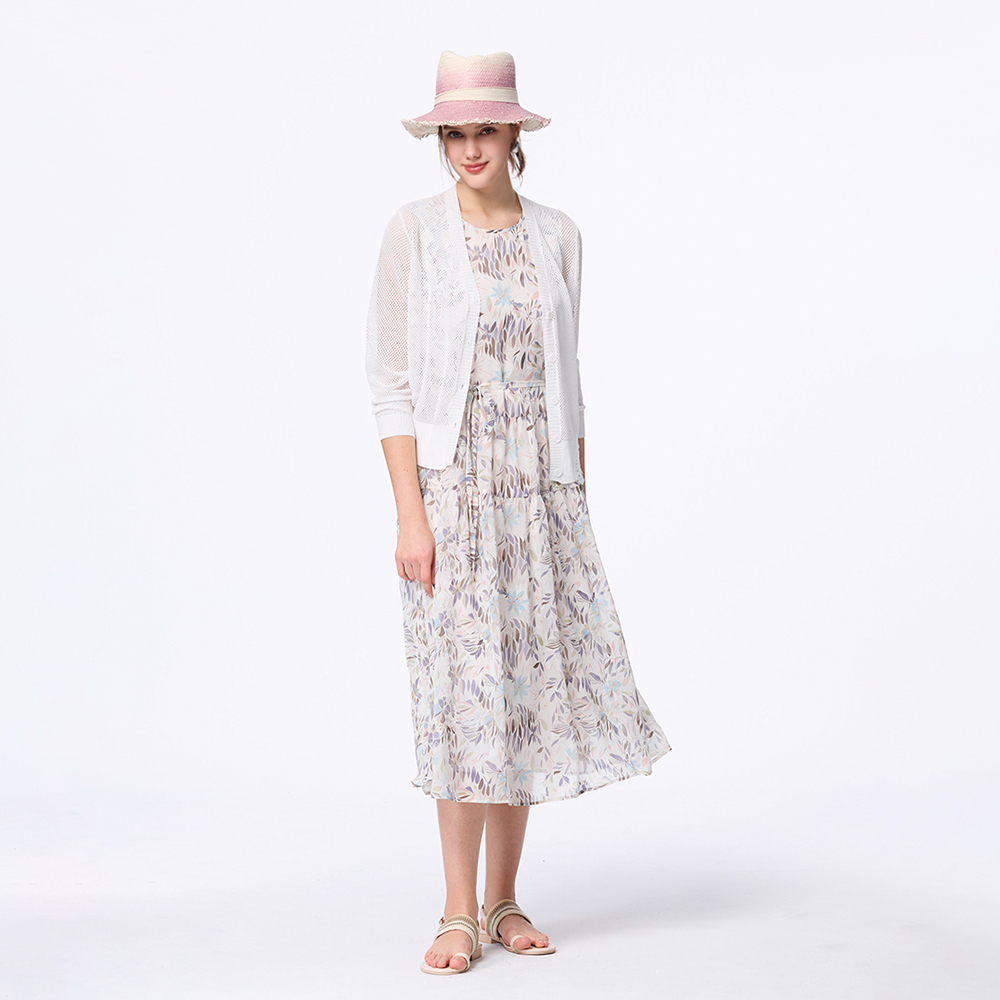 清雅花影綁帶無袖洋裝