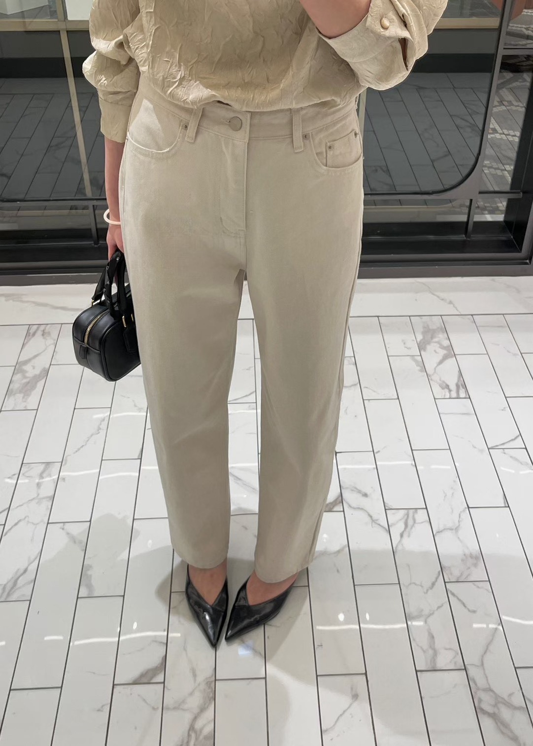 杏白優雅牛仔長褲