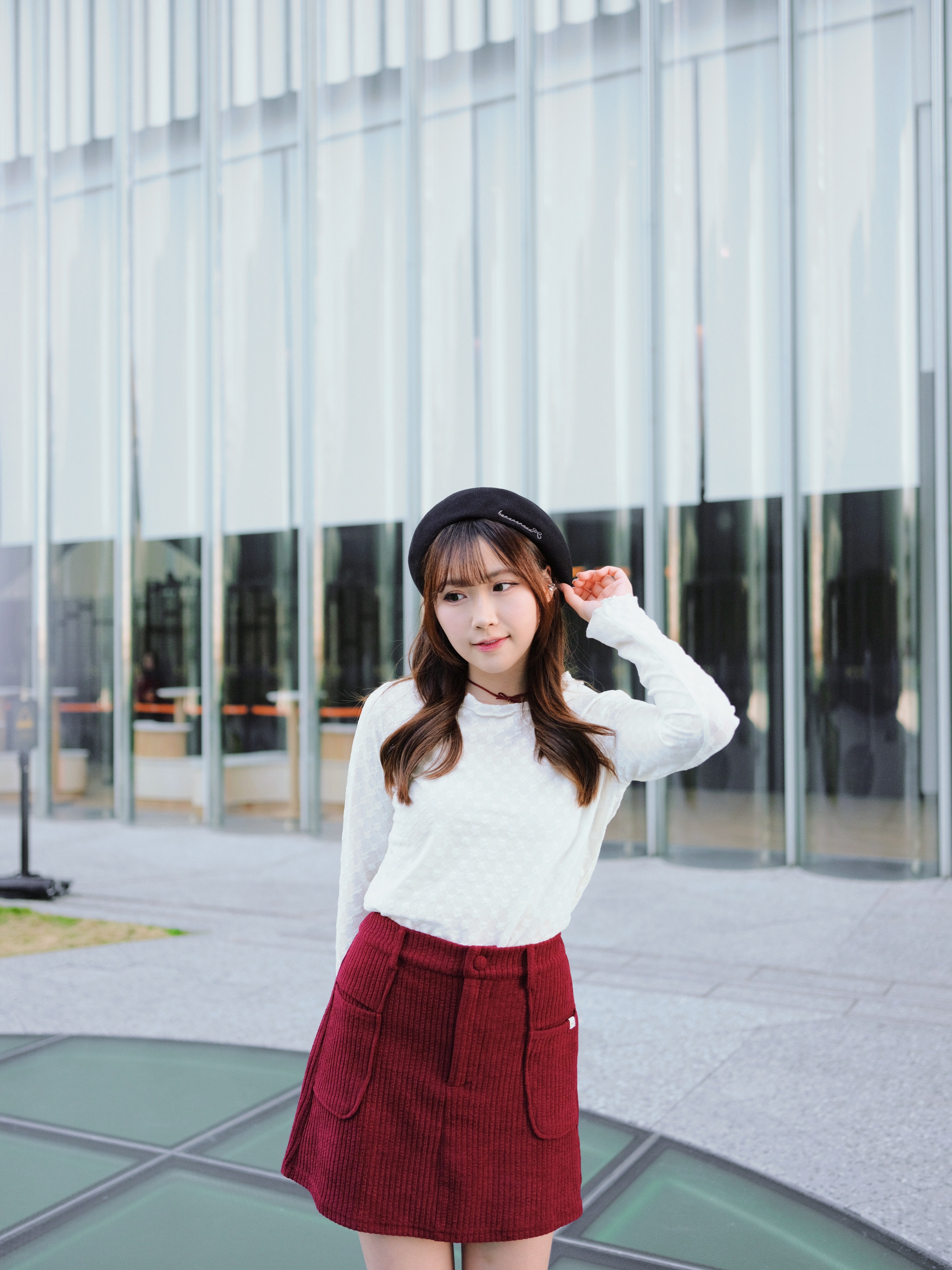 兩色 / 菱格紋小花長袖上衣 / Floral Lattice Scallop-Edge Top