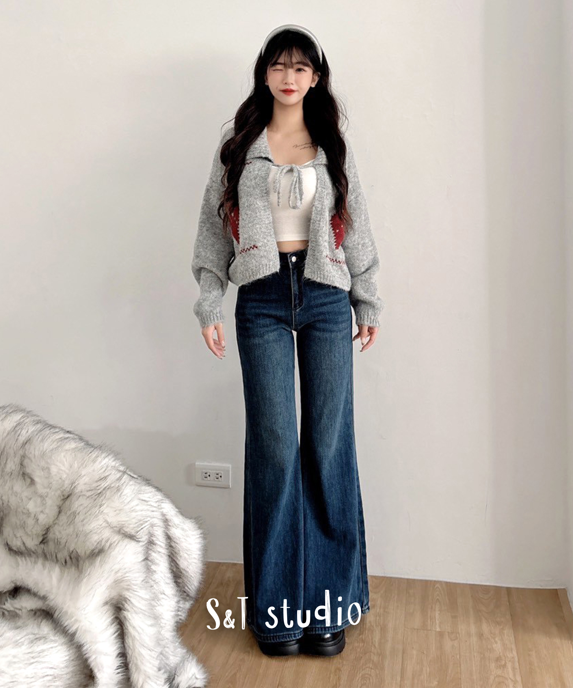 Minimal & Chic 內磨毛牛仔喇叭褲