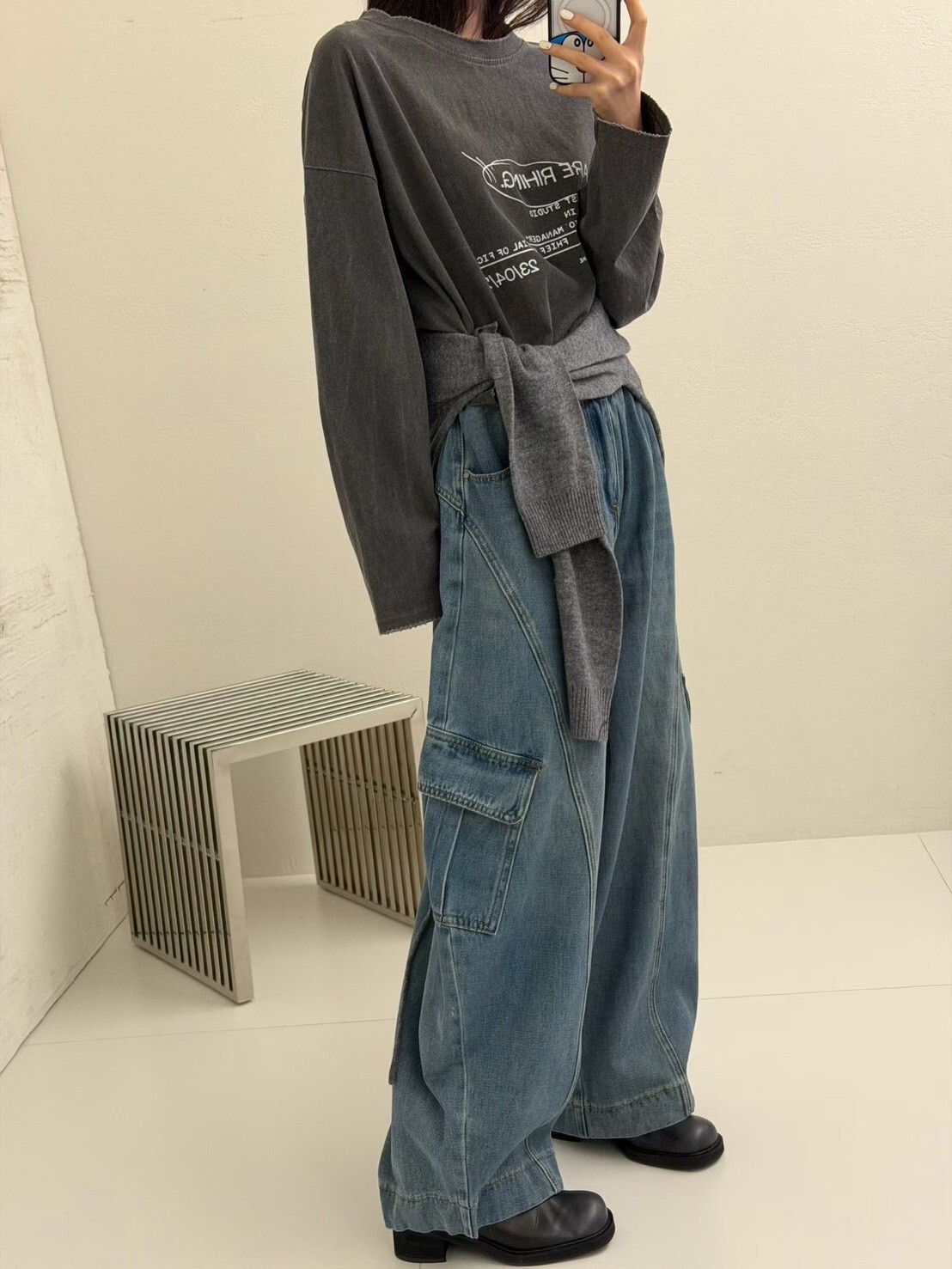 my juni 街頭立體壓線側袋闊腿牛仔褲