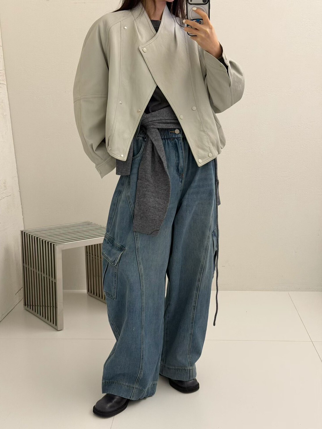 my juni 街頭立體壓線側袋闊腿牛仔褲