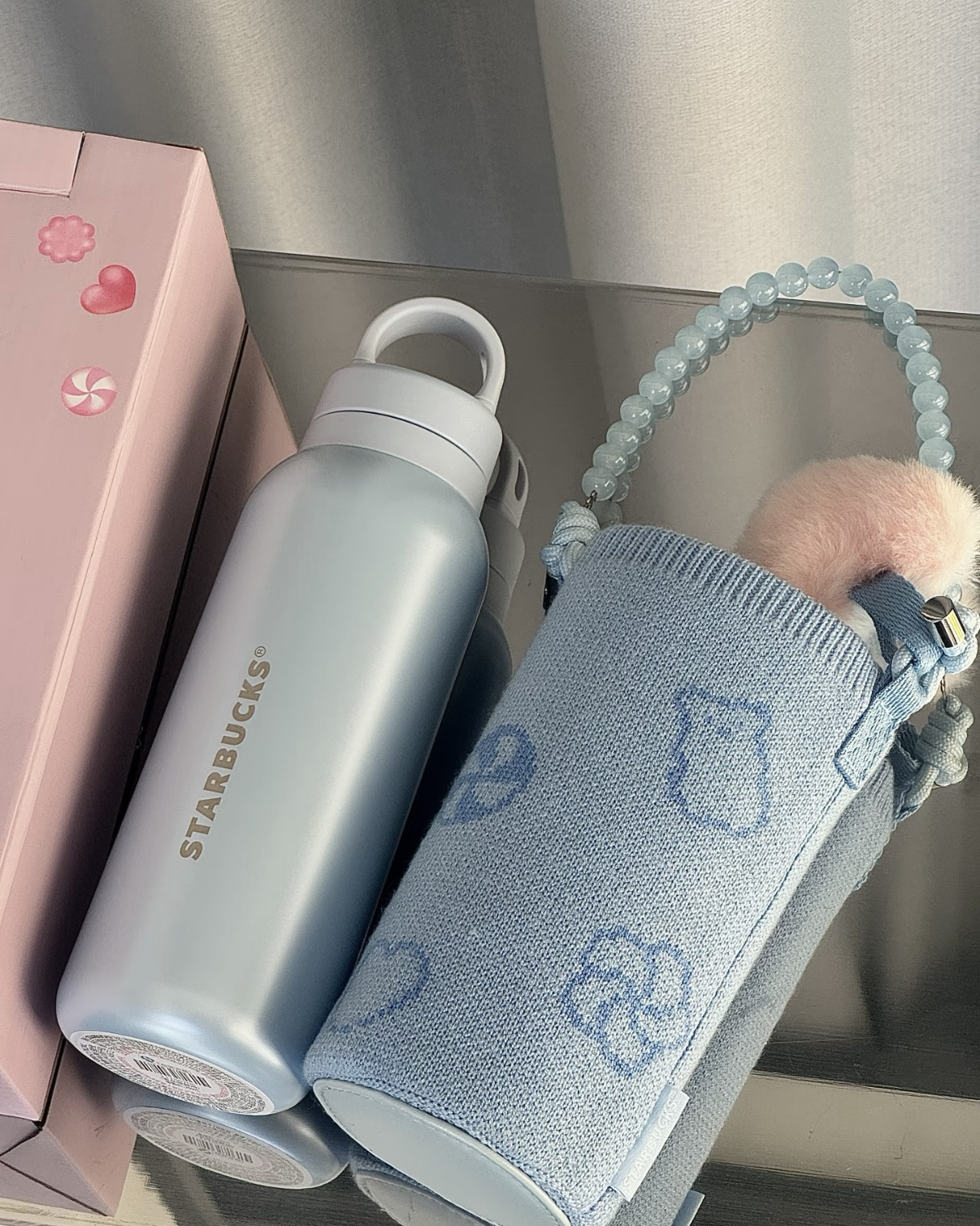 Starbucks 星巴克 2026情人節限定 霧霾藍 寶寶藍 不鏽鋼保溫杯 附毛絨杯套 490ml