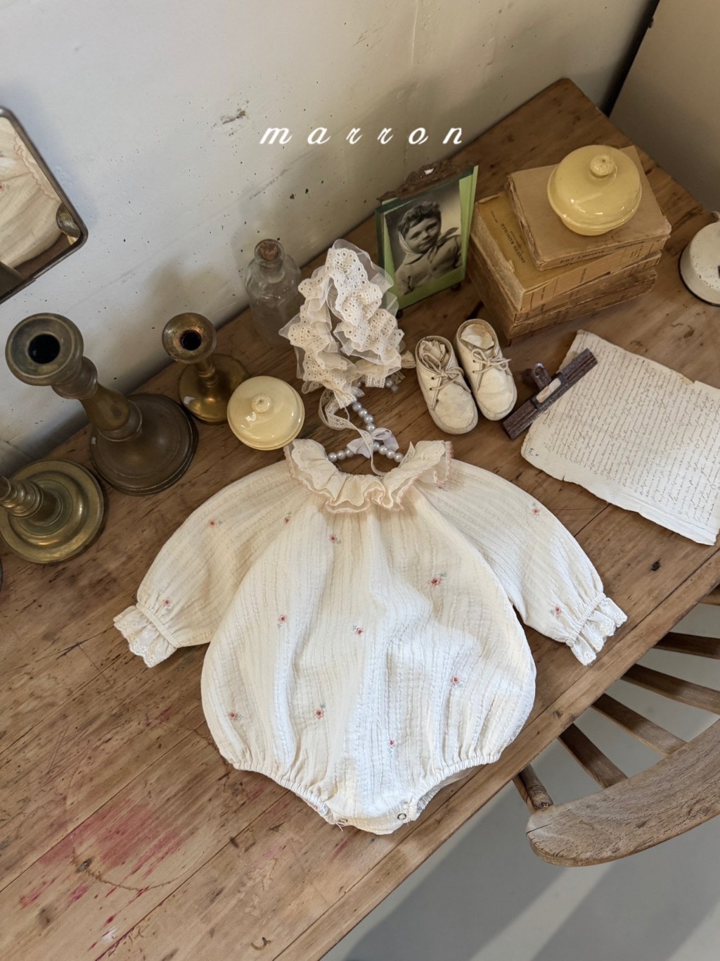 韓國🇰🇷marron 刺繡小花雙層蕾絲領包屁衣(6-18m)