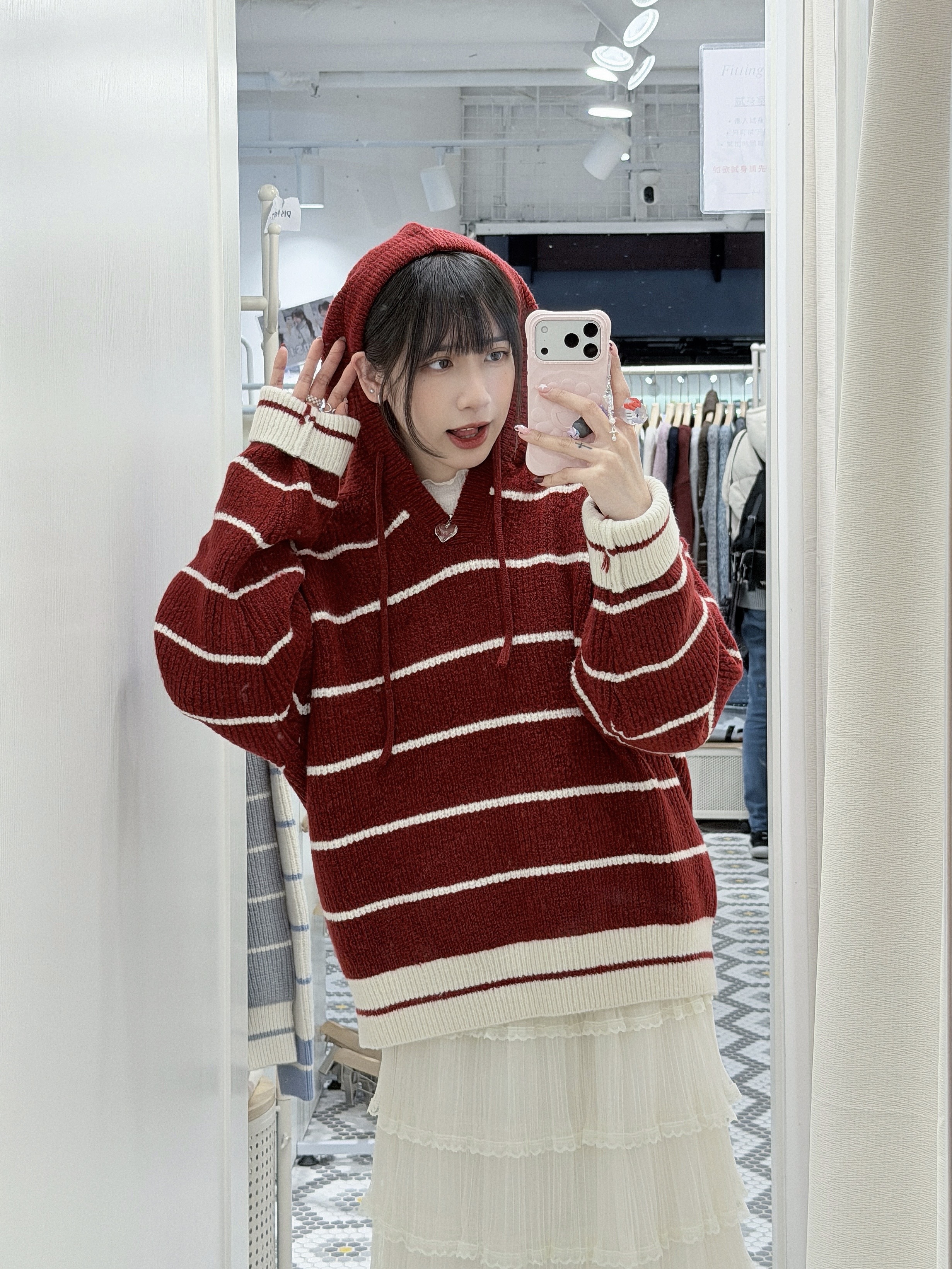 （停產） K0439｜韓系休閑感✮⋆˙ V領間紋連帽針織毛衣