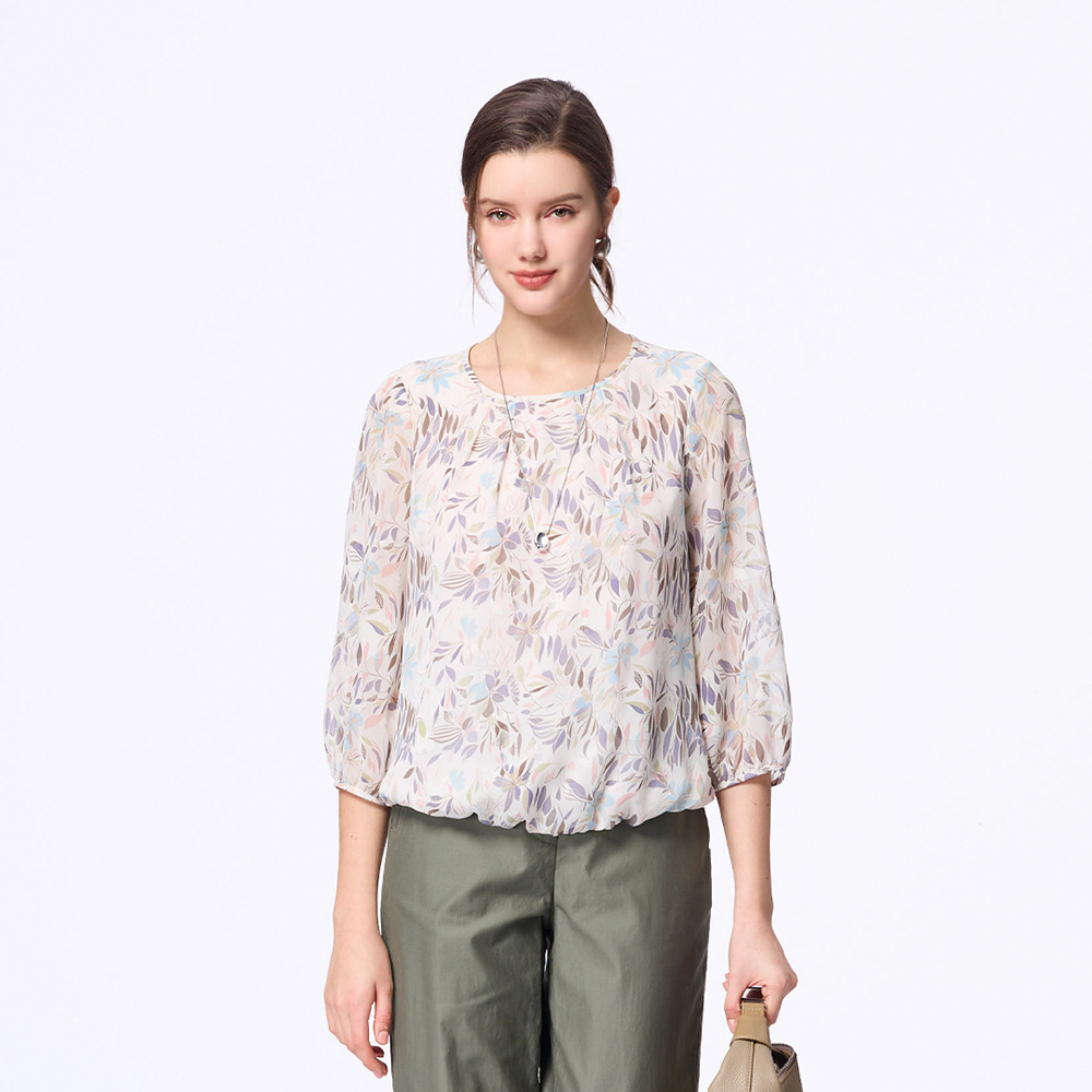清雅花葉七分袖上衣