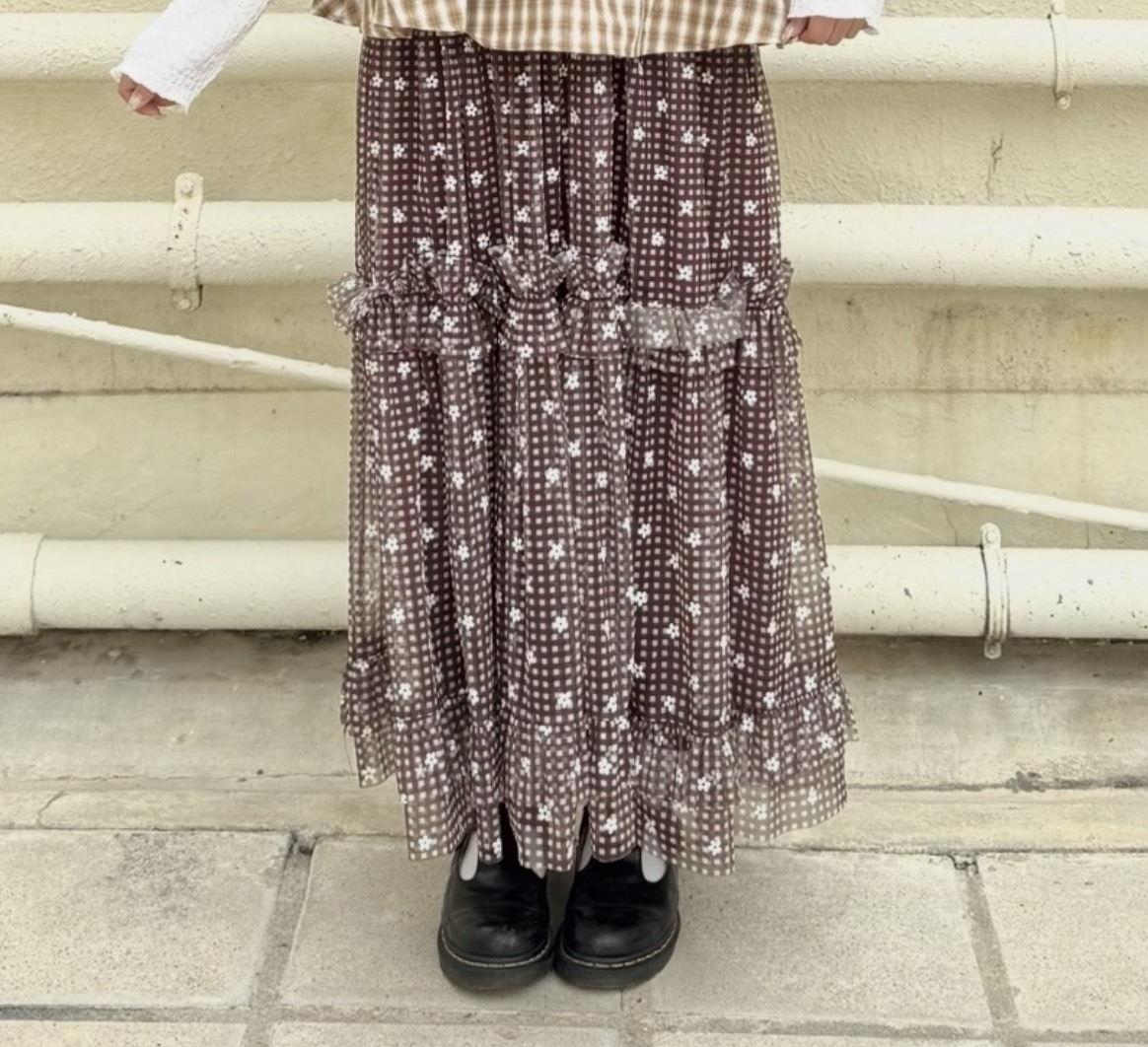 格紋花花滑紗半身裙